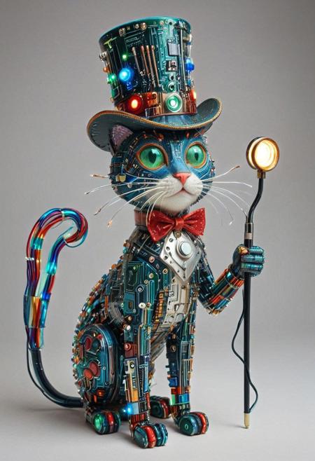 embedding:lazmpos, Transistors, pcb_style, LED, colorful LED lights, RGB lights, red green and blue cat, art deco, top hat, cane, monocle,RetroBG