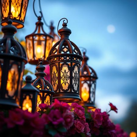 A collection of ornate brown lanterns with a warm, glowing light emanating from within, surrounded by lush, vibrant flowers in full bloom. The lanterns have a sophisticated, vintage design, exuding a sense of elegance and charm. The background is softly blurred, with a serene nighttime sky and a subtle hint of starlight, creating a peaceful, dreamy ambiance