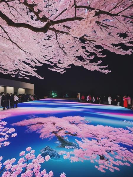 <lyco:teamLab:1.0> teamlab,exhibition,immersion,vivid,colorful,chinese,asia,wide space, interactive,japanese,sakura,cherry blossm,beatiful,pink, ukiyo-e,utagawa hiroshige,hokusai