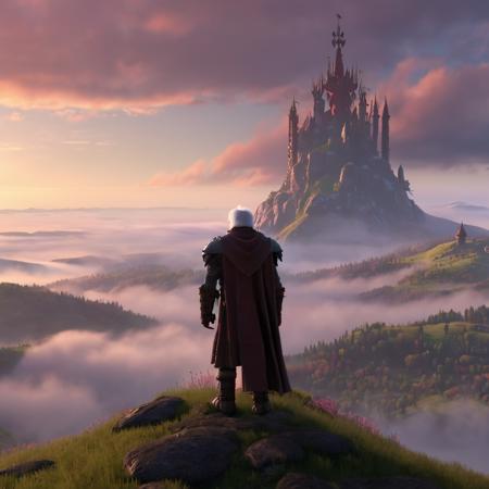 high-quality render in hwst artstyle from behind of an old man wearing medieval armor standing on top of a mountain overlooking a valley during spring at dawn with fog