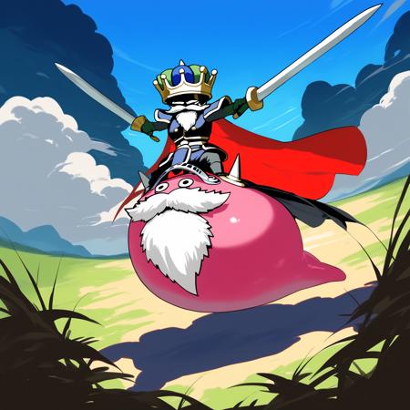 shogum,slime (dragon quest),armor,beard,cape,crown dual wielding,holding sword,no humans,riding