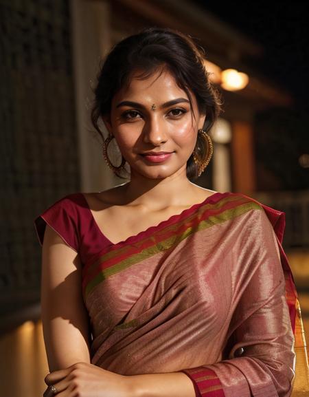 hires headshot photo of 30-year-old (adje woman:1), ultra sharp, looking straight at camera, dynamic pose, smiling, (cotton_saree_blouse:1.2), realistic skin texture, night time, bokeh lights, film grain  <lora:adje_Andrea_Jeremiah_SD15_LoRA:0.8>