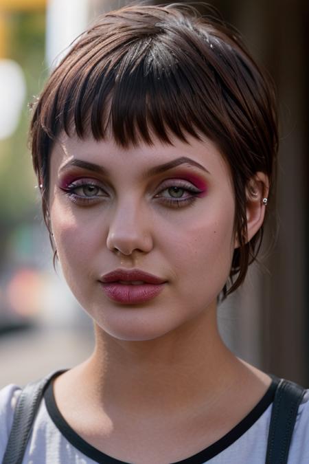 real, atmospheric scene, masterpiece, best quality, (detailed face, detail skin texture, ultra-detailed body),(cinematic light:1.1),
<lora:angelinajolie_hackers_lora_smf_01-000004:0.9>, 1girl, ang3l1na-ha3k3rs-smf, short hair, makeup, blurry, solo, black hair, blurry background, (open mouth:1.2), short sleeves, jewelry, piercing, earrings, upper body, ear piercing, brown hair, lipstick, lips