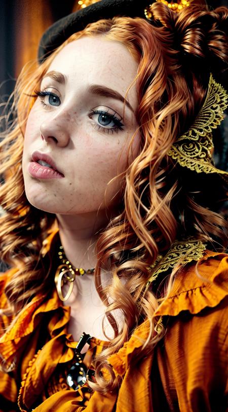 Freya Mavor, tiktok girl, (from_behind:1.3) (lying:1.2) redhead , wavy_hair , victorian era , orange (open shirt) , on ramparts , jewelry, (full_body:1.4), (realistic:1.4), masterpiece, high quality, realistic lighting, center of frame, 8k, hdr, amateur, face scar <lora:Freya-Mavor-v10:0.7>