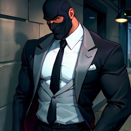 spy_tf2, black gloves, formal, suit, mask, necktie, jacket, white shirt, muscular male, male focus, bara, (pectorals), <lora:ticktockLora-10:0.55>