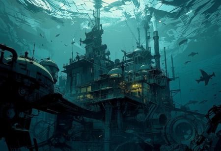 We are underwater, 100 meters below the surface, with no view of it. The perspective is a deep downward shot with exceptional visibility. A vast underwater research station, both a futuristic city and a mining extraction facility, stands at the edge of an unfathomable abyss.
The station's architecture is industrial and mechanical, made of glass and steel. A massive building topped with a colossal glass tower dominates numerous other structures, some adorned with small domes or cupolas. Multiple platforms house residential and research facilities, with scattered lights illuminating the underwater station and antennas spread throughout.
Countless air bubbles escape from the station, rising toward the unseen surface. In the foreground, additional research domes, pipelines, conduits, and immense underwater mining machines emphasize the station's industrial activity. The water is crystal clear, providing an extensive view of various fish swimming around and in the distance, weaving between the station's pipes.