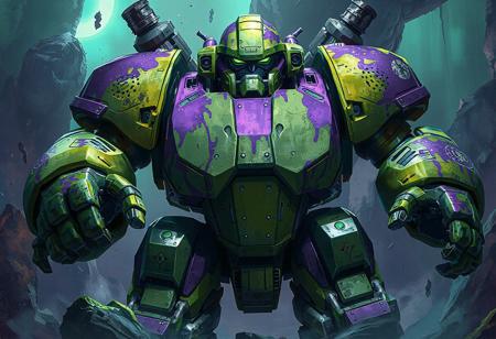A fullbody view of a Scrap Golem robot on a Jelly Hole background, featuring a green and purple color scheme. The robot, resembling an overlord, has a rugged male ranger appearance with splattered tar and clenched fist. Turrets are visible, and the robot is insanely integrated. An official details photo, it's an editor's pickup with a colt. The image is high-resolution, 4K, and exceptionally detailed, with vivid emotions, captivating lighting, and a powerful message. It boasts impeccable composition, stunning colors, and a harmonious blend of multi-colored tones. The artwork is highly detailed, with sharp lines, brush strokes, and beautiful matte painting, reflecting a contemporary aesthetic. The image is a perfect blend of real-life and hyper-detailed elements, making it elegant and photorealistic. The artistic style is reminiscent of artgerm, greg rutkowski, and alphonse mucha, with a golden ratio design and cinematic lighting. The artwork is suitable for use as concept art, with a 16k resolution.