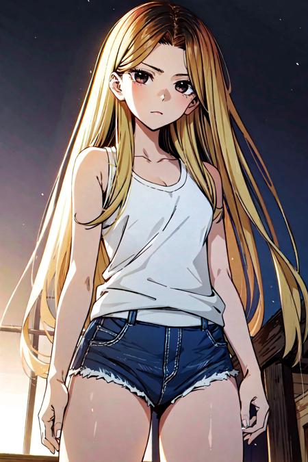 masterpiece, high quality cg, anime, illustration, best quality, 1girl, bound, bondage, beautiful face, detailed face, cowboy shot, Han Jia, 1girl, solo, long hair, blonde hair, simple background, shirt, white background, bare shoulders, brown eyes, collarbone, white shirt, short shorts, sleeveless, tank top, very small breast, bare legs, <lora:HanJia:.9>