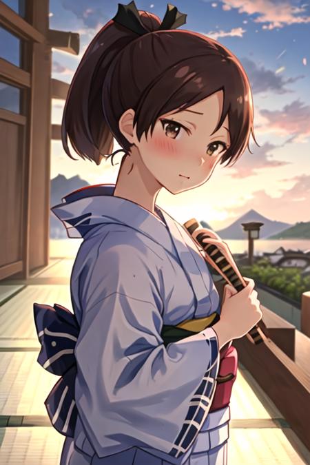 best quality, masterpiece, highres, solo, {yukata:1.40}, {kimono:1.20}, {shikinami_kantaicollection:1.15}, brown_hair, ponytail, brown_eyes, short_hair, hair_ribbon, ribbon, serafuku, blush