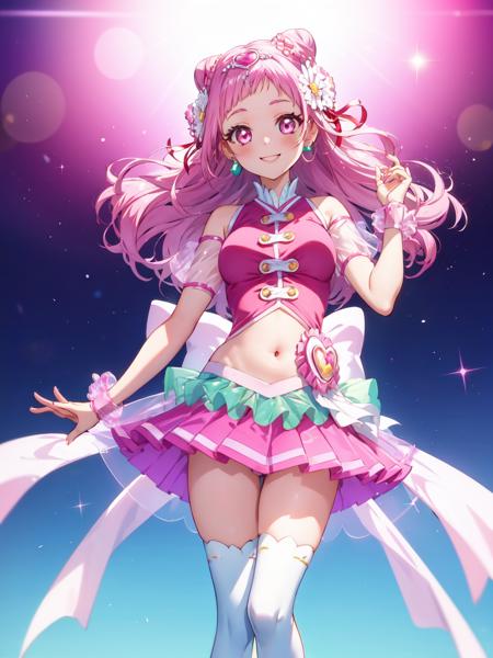 cure yell cheerleader, cone hair bun, hair ornament, shoulder cutout, navel, thighhighs, see-through skirt, clover earrings, pink shoes, wrist cuffs