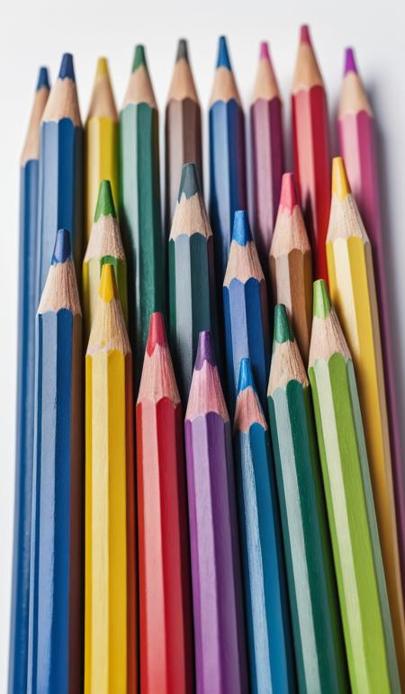 (macro shot:1.6), row of rainbow colored pencils, symmetric row, pointing upwards, on white background, top view, film, cinematic look, focus stacking, dslr, white space on top