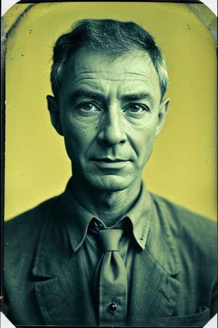 JRobertOppenheimer, Century Camera Co. Studio, 160mm f/8, 1/10s, ISO 25, ((tintype, portrait, full color, bold color, yellow, green, gradient)), ((geometric halftone background))