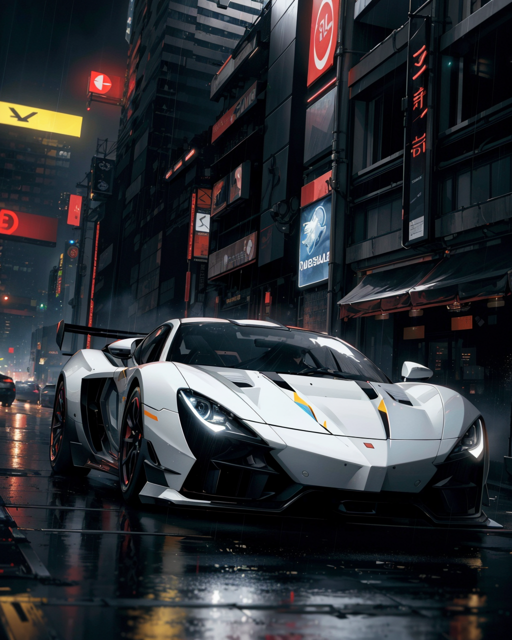 photorealistic, best quality, masterpiece, highly detailed, ultra-detailed, a futuristic sports car in a cyberpunk city at...