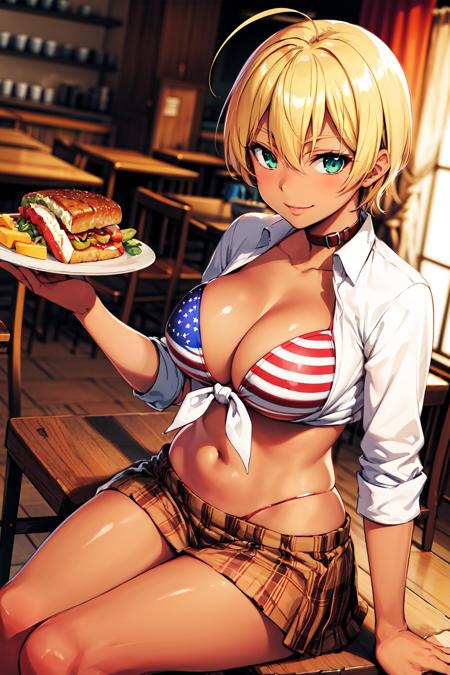 masterpiece, best quality, highres, mi1, dark skin, blonde hair, ahoge, green eyes, blue eyes, american flag bikini, plaid skirt, collar, bikini top only, tied shirt, <lora:mito_ikumi_v10:0.7>, smile, sitting, table, food, stake, indoors