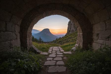 raw photo, a sunset landscape, greek mountains, forested ravine cliffs, cozy, photorealistic, abandoned Towering Stone gateway entry into dark the side of rocky mountain cliff face, (dwarven: 1.39), high fantasy style, high detailed texture, 8k uhd, dslr, soft lighting, high quality, film grain, Fujifilm XT3, Sony A7 IV, highly detailed photography, (muted colors, cinematic, dim colors, soothing tones:1.2), vibrant, insanely detailed, hyperdetailed, (dark shot:1.2), (vsco:0.3), (intricate details:0.9), (hdr, hyperdetailed:1.2) (highest coherency: 1.39) (highest quality: 1.39) (rule-of-thirds) (award-winning) (masterclass) (highest resolution: 1.39) (castle architecture built into cliff: 0.69) (starfort: 1.1) (protruding from hillside) (rounded doorway) (arcane archictecture) (glowing elven celtic knot designs: 1.29) (natural bridge)