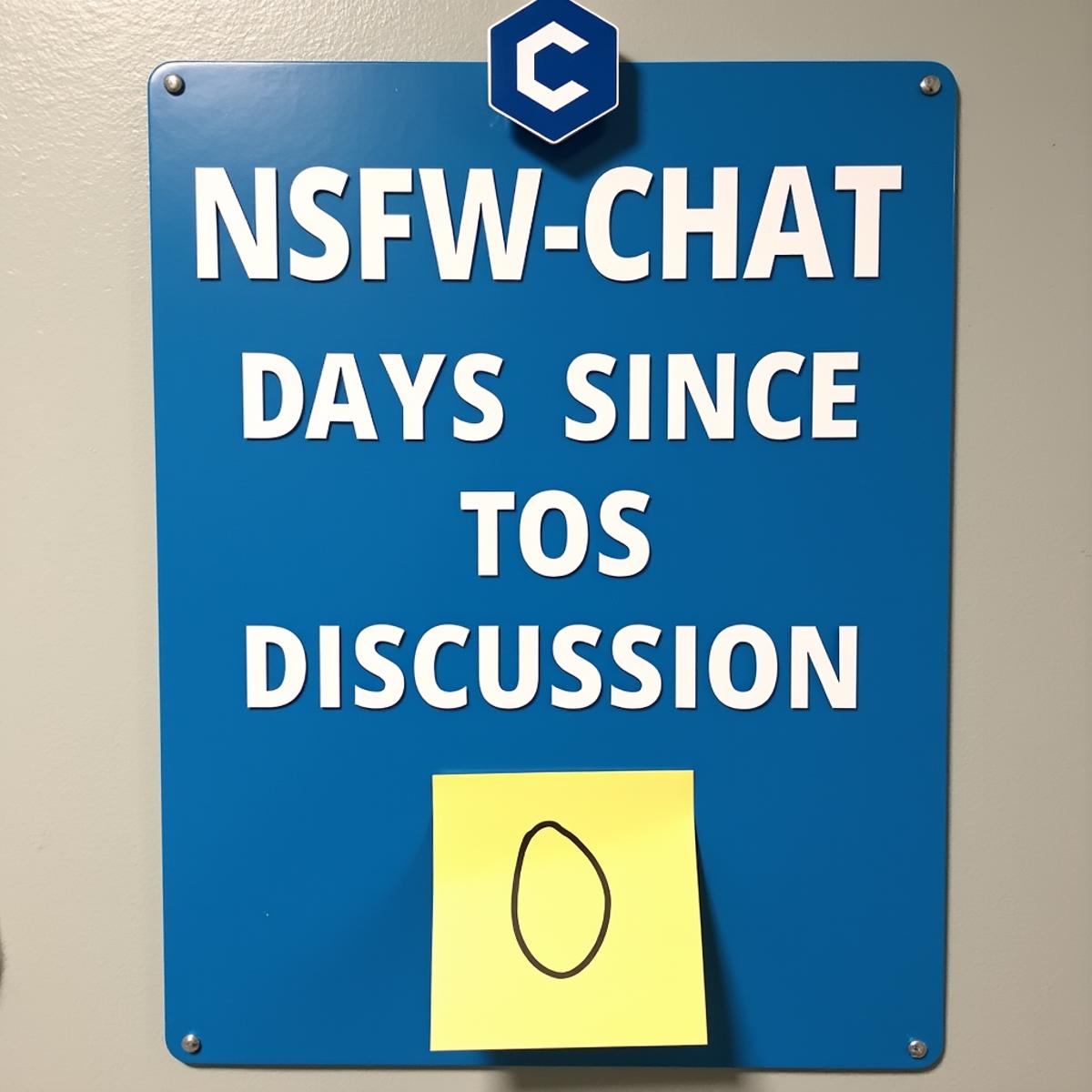 photo of a blue metal sign on the wall. top of the sign says "NSFW-CHAT" in big white blocky printed letters. middle of the sign says "DAYS SINCE TOS DISCUSSION" in smaller blocky printed letters. bottom of the sign has yellow post-it note with number 0 written with a black marker. on the top of the sign there is a blue hexagon logo with white blocky angled letter C in it