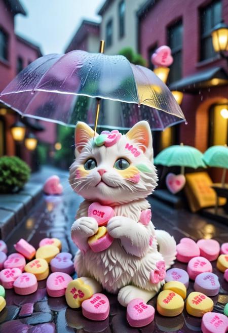 score_9, score_8_up, score_7_up, masterpiece-level, highly detailed, fantasy-themed, antho cat, chibi cat, chibi antho cat, cute animal focus, really cute animal, cute focus, intricate details, vibrant and hilariously relaxed aesthetics, (rain made from candyhearts,:1.5) , tiny candy hearts poaring, (raindrops made from candyhearts,:1.5) holding, umbrella:2, raining, kitten:2, standing, photorealistic render with Warframe aesthetic, dramatic lighting, best quality, plastic umbrella, (raindrops made from candyhearts:1.5)visible to shelter protecting a tiny, shivering calico kitten kitten nestled in a dark, atmospheric alleyway between high-tech buildings, (rain made from candyhearts:1.5) pouring down dramatic nighttime lighting, illuminated primarily by streetlights and the focusing on the kitten huddled safely, cute kitten, protection, rainy night, umbrella, juxtaposition, touching moment, sci-fi elegance, masterpiece, best quality, best quality, absurdres, 8k, HDR, <lora:albrecht_labs:1>