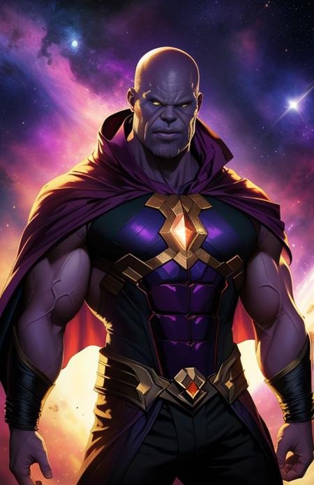 (best quality: 1.2), (masterpiece: 1.2), (realistic: 1.2), stunning angry Thanos, bald, purple cape, nebula space background, volumetric light, upper body, muscle, muscular, fantasy, dynamic angle, dynamic pose, masterpiece