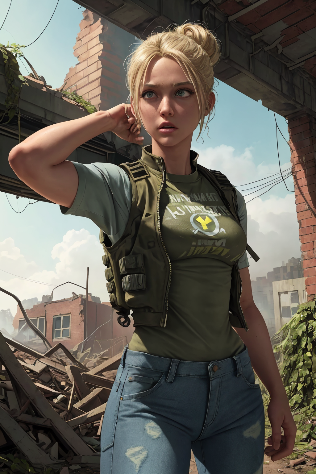 zrpgstyle, post-apocalypse fallout 4 RPG character blonde hair upsweep updo wearing black (military tactical vest pants ts...