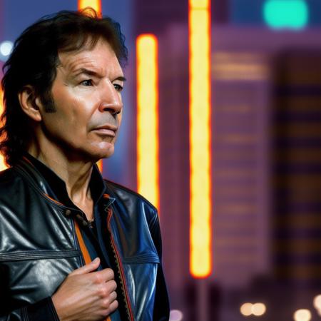 Dread, NeilBreen from the waist up, facing forward, wearing denim shirt and leather jacket, center of frame, rainy downtown city background, night time, neon lights, illumination, intricate detail, sharp focus, high octane 3d render