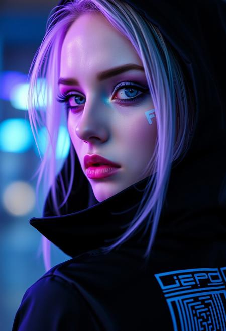 cyberpunk, closeup portrait of a woman with a half robot face and zeiss camera eyes , pastel blue and purple,  wearing a black high collar hooded parka with technical macro writing resembling an qr-code//bar-code on the back, solo, woman, latex catsuit , 36DD