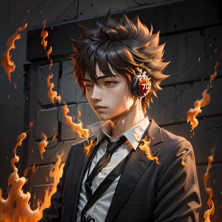 ((masterpiece, best quality)),(complex lighting),solo,portrait, 1boy, tsuna, standing, orange eyes, <lora:TsunaSawada1-10:0.8>,black suit, black necktie, white shirt, fire, headphones,