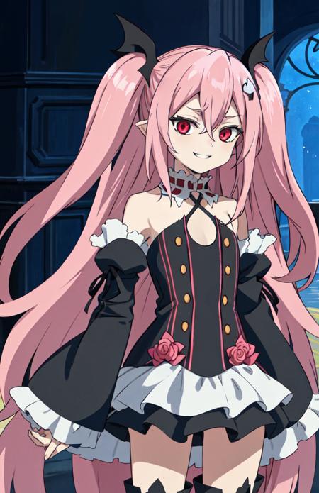 krul tepes, red eyes, flat chest, long hair, pink hair, two side up, hair ornament, boots, black dress, bare shoulders, wide sleeves, ribbon