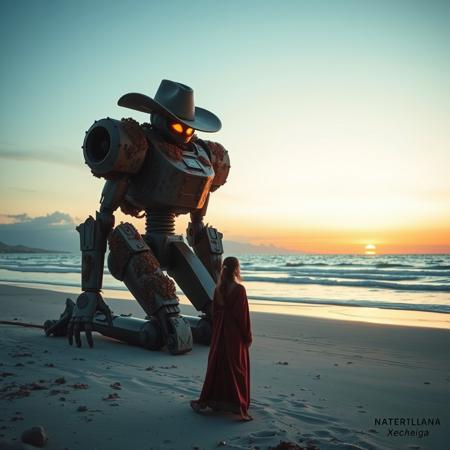 A giant robot cowboy kneels on a beach, barnacle-covered robot. robot wears cowboy hat. A beautiful woman in traditional priestess robes stands in the foreground, thoughtful. seascape in background. sunset sky. In the style of cinema.