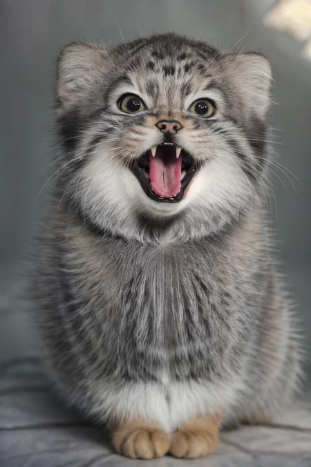 a photo of a tusuncat with its mouth open, blurry, open mouth, fangs, photo background, looking at viewer, tongue, full body, solo, (cute and lovely:1.4), Beautiful and realistic eye details, perfect anatomy, (Nonsense:1.4), (pure background:1.4), Centered-Shot, realistic photo, photograph, 4k, hyper detailed, DSLR, 24 Megapixels, 8mm Lens, Full Frame, film grain, Global Illumination, (studio Lighting:1.4), Award Winning Photography, diffuse reflection, ray tracing,
 <lora:Tusuncat:0.6>