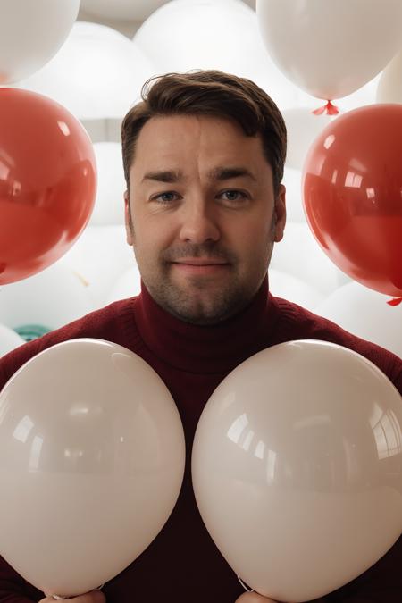 JasonManford, fashion portrait photo of handsome bearded man from the 60s wearing a (red turtleneck:1.1) standing in the middle of a ton of (white balloons:1.1), taken on a hasselblad medium format camera <lora:JasonManfordLora:1>