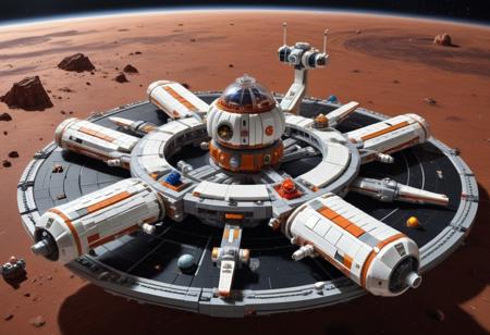 A LEGO space station, bulky design, massive,  docking bays open , floating  near a dark Red planet