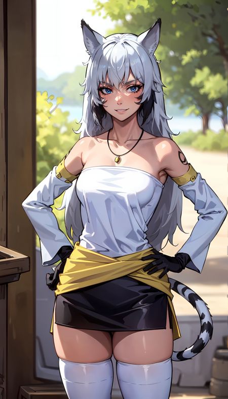 white shirt long hair gray hair cat ears blue eyes necklace yellow waist cape detached sleeves face markings black miniskirt (white thighhighs:1.3) cat tail black gloves
