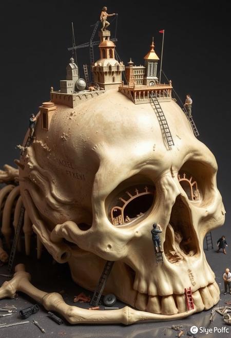 "Giant skeleton lies defeated, its massive skull a testament to a long-forgotten battle. Yet, from death springs new life, as miniature architects swarm the skull, using it as a foundation for their latest masterpiece. Tiny ladders and pulleys allow the architects to scale the skull's cranium, as they work tirelessly to transform the macabre remains into a work of art. Delicate bridges and arches span the skull's cavities, while intricate carvings adorn the bone. The architects' tiny tools and equipment lie scattered about, as they strive to create something beautiful from the skeletal remains. Style: whimsical, detailed, and poignant, with a focus on capturing the contrast between the skeleton's grim past and the architects' creative rebirth."