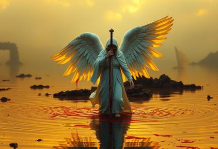 Angel clad in white with a sword, blood dripping, water, reflections, transparency, provoking, vivid color, Mordor: A dark and evil land, Ernst Haas, golden hour