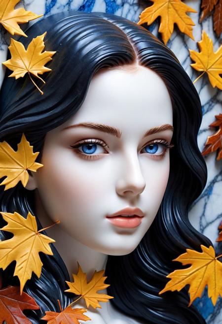dark black marble sculpture, shape of a young woman, fused with marble wall, detailed realistic blue eyes, detailed white face, autumn leafs, vibrant background, multi layered, diagonal view, back light, ultra sharp focus, high speed shot, vibrant color, high quality, highly detailed shot