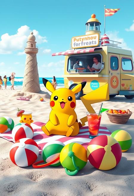 Pikachu sitting on a beach towel surrounded by colorful beach balls and flip-flops. Nearby, tropical drink and fruits. In the background, a lighthouse sand sculpture stands next to an ice cream truck with a giant cone, serving treats to cheerful beachgoers. The scene captures a fun, playful summer vibe with the sound of waves crashing nearby.