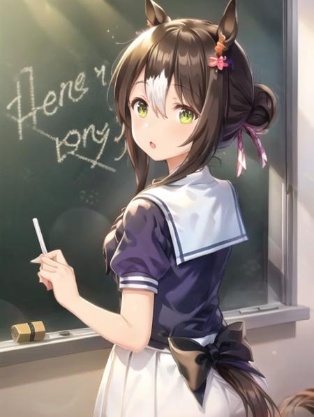 <lora:POVpizarra:0.7> POVpizarra, 1girl, solo, looking at viewer, open mouth, bangs, skirt, brown hair, shirt, hair ornament, bow, holding, animal ears, hair between eyes, school uniform, green eyes, tail, white hair, short sleeves, sidelocks, multicolored hair, pleated skirt, serafuku, puffy sleeves, looking back, indoors, sailor collar, hair bun, from behind, :o, two-tone hair, puffy short sleeves, white skirt, horse ears, horse girl, horse tail, purple shirt, sailor shirt, tracen school uniform, summer uniform, chalk