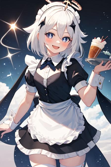 best quality, masterpiece, highres, solo, {maid:1.40}, {long maid dress:1.15}, {paimon_genshin:1.15}, white_hair, halo, hair_ornament, blue_eyes, hair_between_eyes, short_hair, bangs, open_mouth, blush, smile, cape