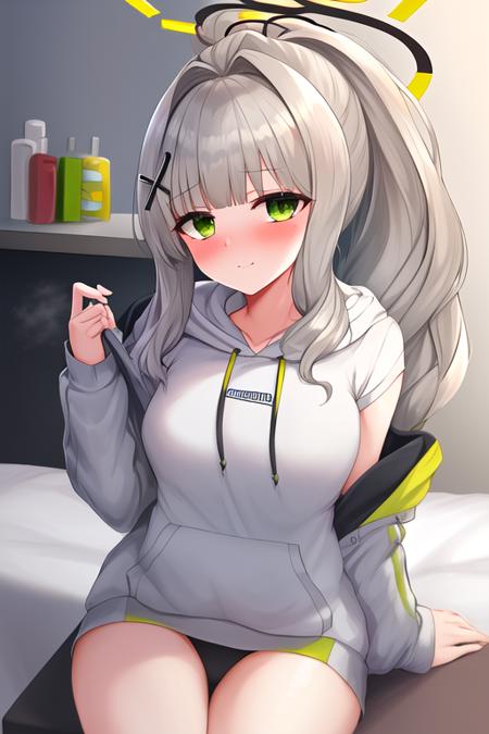 masterpiece, best quality, highres, solo, {hare_bluearchive:1.10}, halo, hair_ornament, green_eyes, long_hair, blush, bangs, grey_hair, ponytail, hoodie, white_hair, hair_intakes, breasts