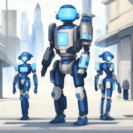 anime Robot Police standing in the Street (MechaLabor style:1) <lora:djzMechaLabor:0.8)