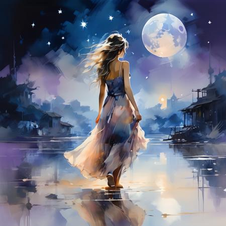 (masterpiece),(wallpaper), (best quality), (best illuminate, best shadow), (best illustration), dynamic angle,
(+++a girl+++) is walking in front of a delicate and beautiful moon-blue sky, solo, from side, 
(Backlight), mid shot, (the beautiful and delicate girl:1.3), beautiful bare back, (detailed face:1.2), (long floating hair:1.2), (beautiful long dress:1.2), floating dress,
the girl (walking) on surface of the water, Beautiful and delicate violet light water surface, reflective water surface,
High saturation blue clouds and (stars sky) in the background, cold color
oil and watercolor painting,<lora:oil_and_watercolor_painting:0.8>,