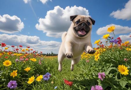 Highly detailed photograph of a pug puppy leaping through the air above a field of colorful flowers. Side view. Floppy ears, big eyes, very cute, very happy, joyful. Blue sky with fluffy clouds. Bright sun, god rays.