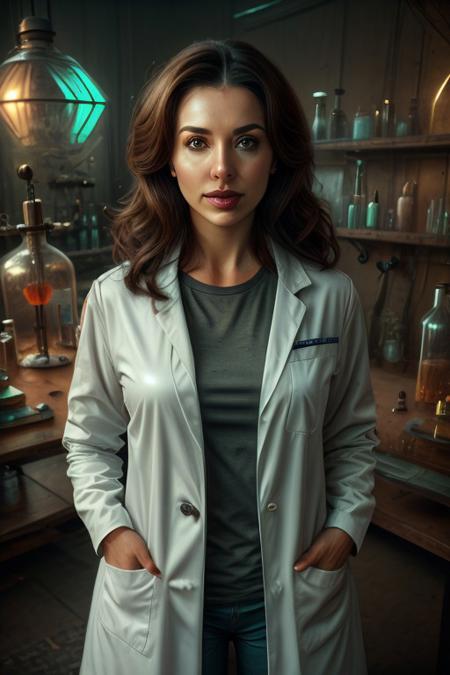 Laboratory, table, wendy, camillia, , jennadds, sexy female cyborg, mature lady, lab coat, spolab, labcoat, BREAK, unreal engine, elegant, epic composition, art nouveau, colorful coat, latex coat, eyesgen, perfect eyes, beautiful eyes, big iris, big pupils, Older woman, brunette, breasts, massive breasts.