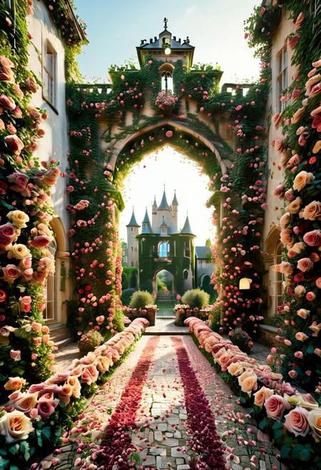 Concept: romantic, majestic, ethereal, lush, blooming, ancient, symbolic, timeless, passionate, beautiful.
Core Elements: r0535, roses, castle, architecture, petals, garden, love, light, intricate, grand.
Atmosphere/Mood: tender, captivating, dreamlike, tranquil, harmonious, inviting, intimate, blissful, enchanting, profound.
Setting Details: towering castle, vibrant multicolored roses, rose walls, turrets with rose bushes, rose battlements, moat with rose petals, drawbridge of rose vines, grand entrance archway with roses, sprawling rose gardens, courtyards, rose-shaped fountains, dew-kissed petals, distant classical architecture (blurred), soft, nature.
Lighting: soft, diffused golden hour light, dappled sunlight through rose trellises, gentle highlights on petals and stone, subtle shadows, ethereal glow, warm ambient illumination, shimmering light, rosy reflections.
Composition: wide shot, low angle, deep perspective, leading lines of castle walls/gardens, immersive view, detailed close-ups.
Color Palette: dominant vibrant reds, deep pinks, passionate burgundies, soft whites, creamy yellows; accents of lush greens, subtle purples, golden hues from light, muted stone colors. Rich, harmonious, romantic, luminous, warm.
Quality: photorealistic, ultra detailed, intricate textures (petals, leaves, stone, fabric), cinematic atmosphere, visually striking, hyperrealistic, artistic, romantic, architectural, fantastical.