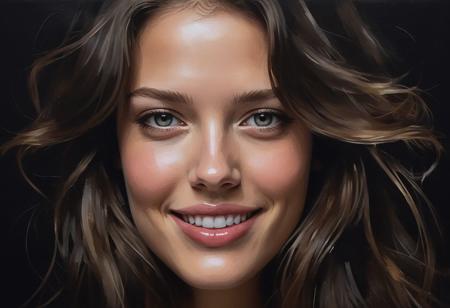 Woman, looking straight, winking smiling, symmetry, portrait by Jonathan Yeo, oil paint on canvas, abstract, brush strokes, dark black background