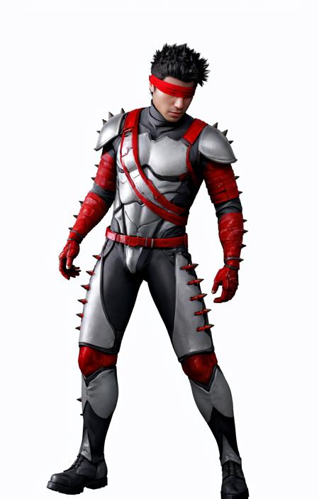  mkenshi, 1boy, bodysuit, black hair, (blindfold),  armor, spiked hair, short hair,  long gloves, in city, belt,