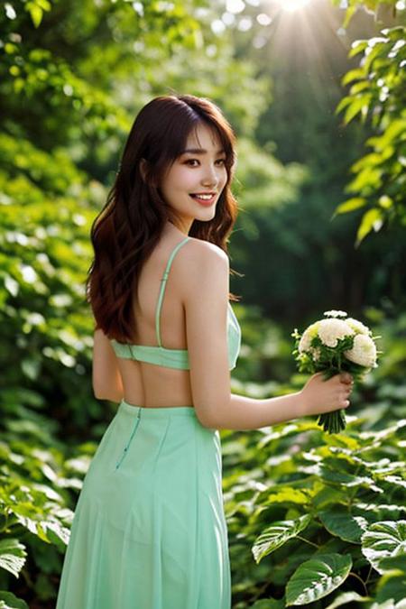 Photo of beautiful K-pop idol of 18 years old, smiling, medium bright brunette hair, slender body, fit abs, Delight in the serene beauty of a woman as she gracefully picks up flowers in a sunlit forest. The bright rim light accentuates her silhouette, casting a radiant glow on her back. The sun's rays bathe her orange hair, creating a captivating interplay of light and color. Her long legs navigate through a garden adorned with vibrant flowers and lush trees, surrounded by the soothing hues of green leaves. The scene is illuminated by the gentle touch of natural lighting, enhancing the enchantment of the moment.