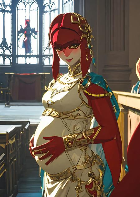 <lora:mika50+:1>,1girl,solo,mifa,smile,looking at viewer,<lora:botw_style_offset:0.9>,Sexy posture,Wedding dress,Pregnancy,Church,Ring,Indoor,