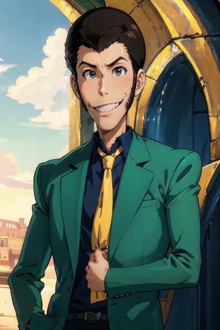 Lupin green jacket, yellow tie, black shirt red jacket, yellow tie, blue shirt pink jacket, orange tie, green shirt blue jacket, red tie, black shirt
