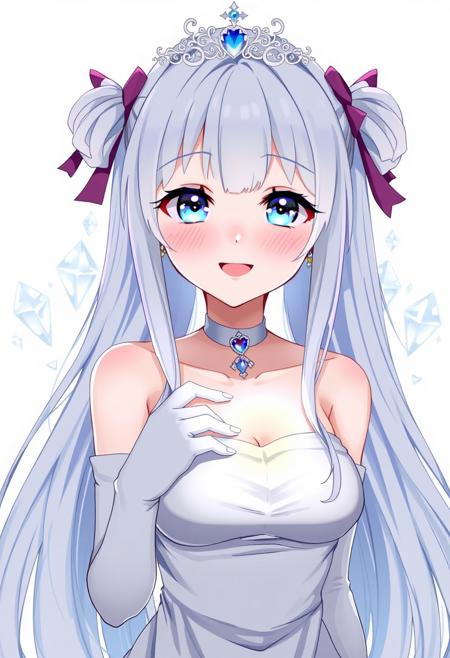 highly detailed anime art, 1girl, solo, long hair, looking at viewer, blush, smile, open mouth, bangs, blue eyes, simple background, gloves, dress, cleavage, bare shoulders, twintails, jewelry, medium breasts, collarbone, white hair,  smile, heart, cowboy shot, earrings,  choker, white gloves, white dress, strapless, covered navel, tiara, crown, hand on own chest, strapless dress, IvoryPrincess, abstract ice background, white outline, glowing,